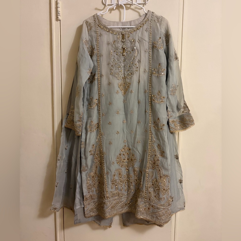 Embroidered 3-Piece Gharara - Silver/Grey